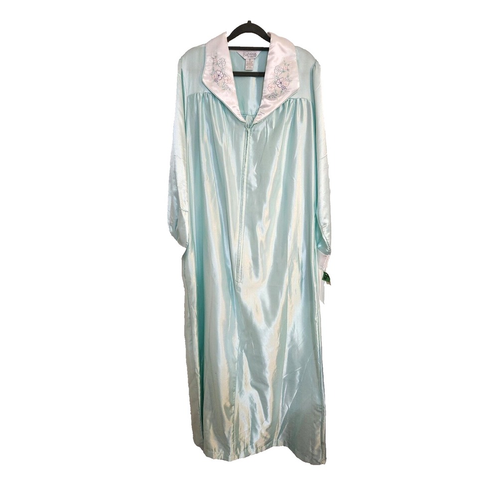 Sabrina Women's Blue Satin Robe Nightgown Sz M Embroidered Soft Lining NWT